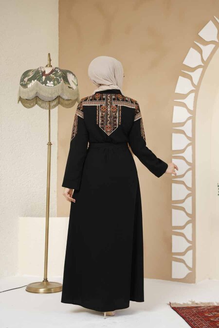 Nakış Desenli Siyah Tesettür Abaya 25301S - 4