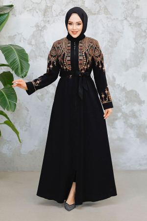 Nakış Desenli Siyah Tesettür Abaya 90312S - 1