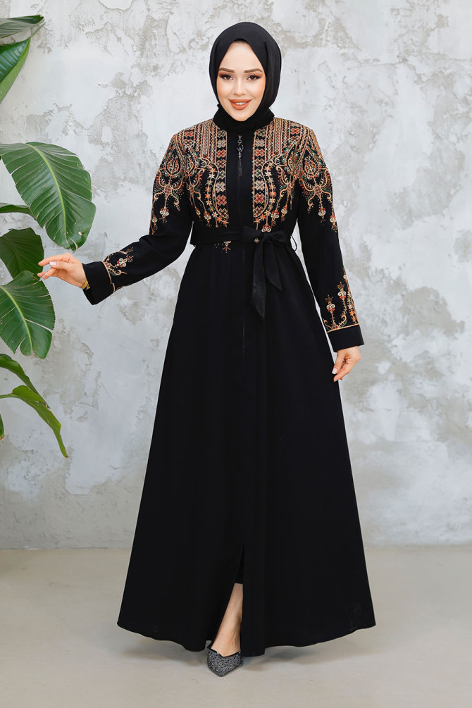 Nakış Desenli Siyah Tesettür Abaya 90312S - 1