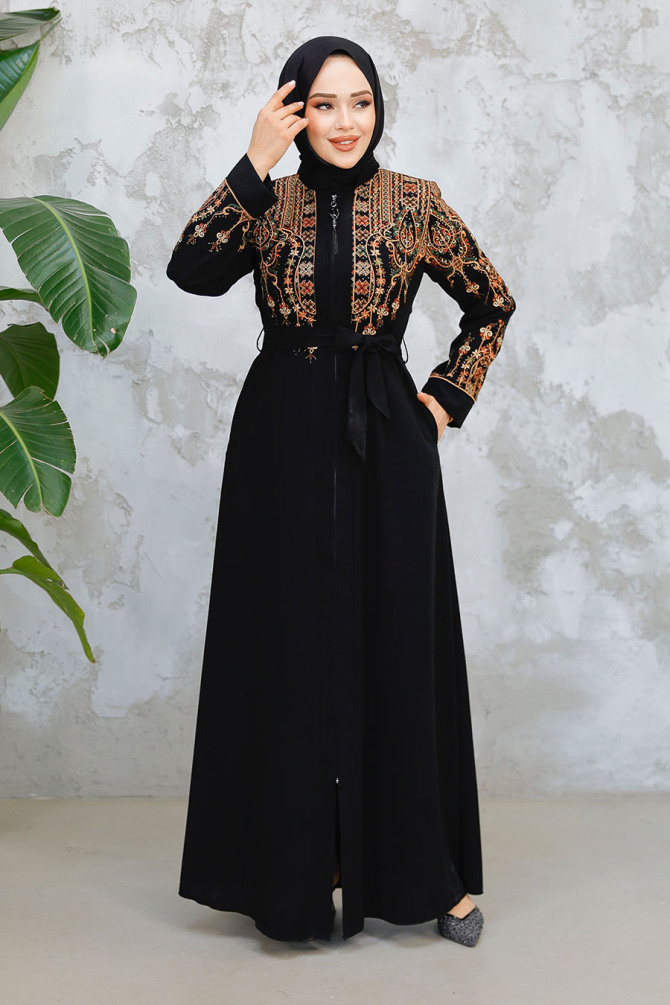 Nakış Desenli Siyah Tesettür Abaya 90312S - 2