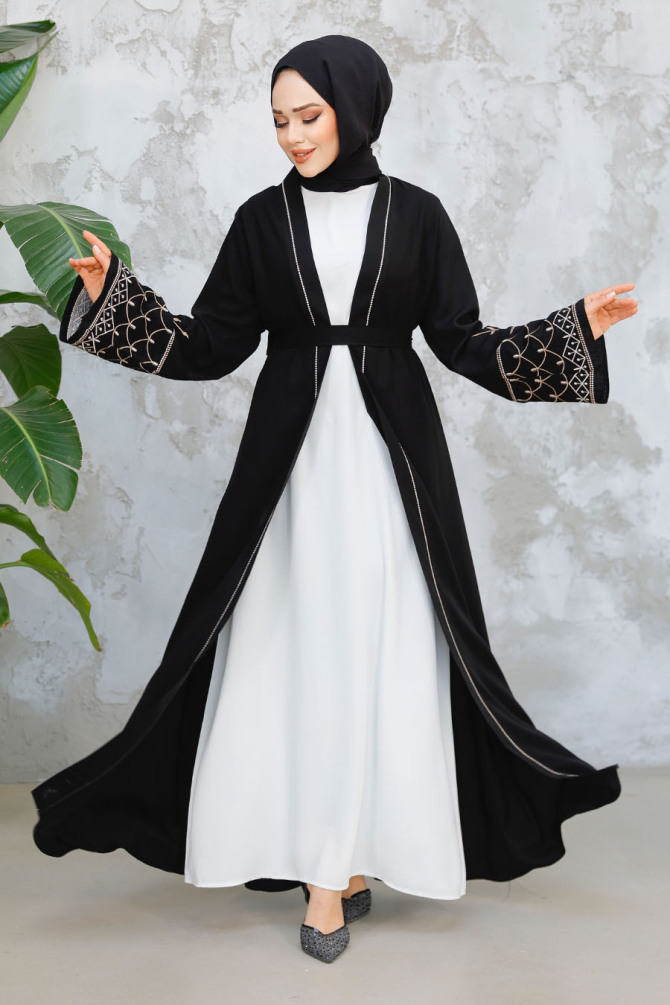 Nakış Desenli Siyah Tesettür Abaya Takım 29126S - 4