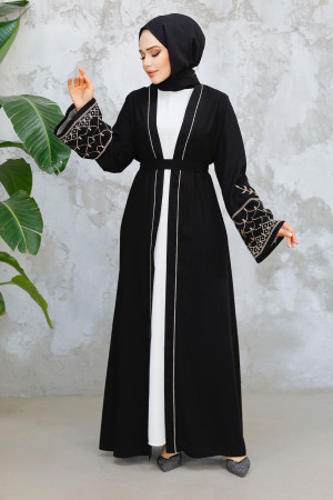 Nakış Desenli Siyah Tesettür Abaya Takım 29126S - 2