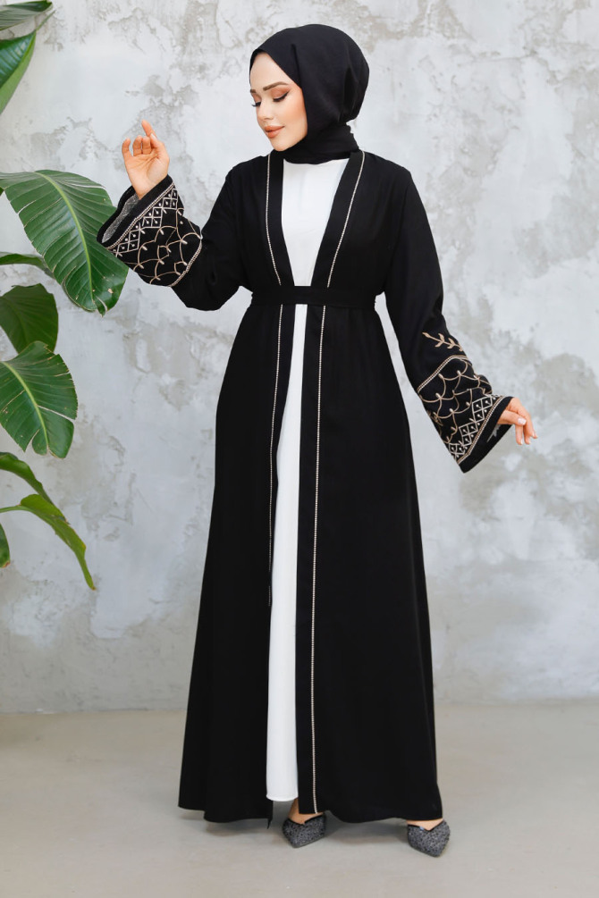 Nakış Desenli Siyah Tesettür Abaya Takım 29126S - 2