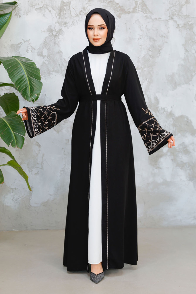 Nakış Desenli Siyah Tesettür Abaya Takım 29126S - 3