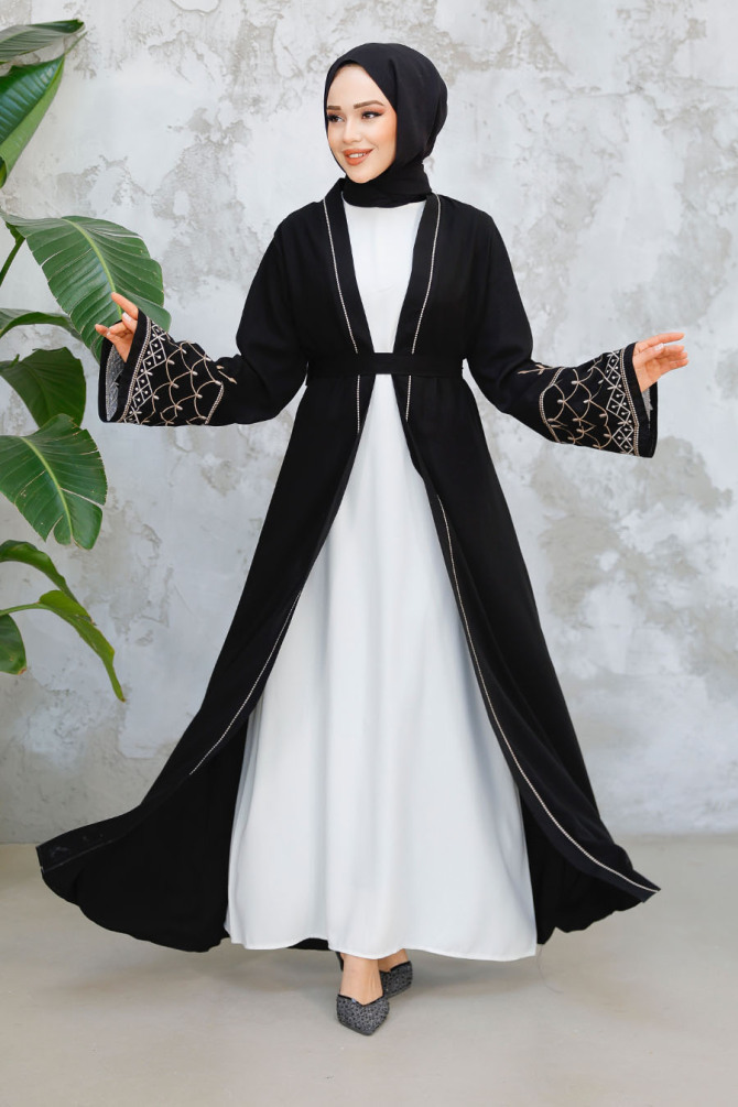 Nakış Desenli Siyah Tesettür Abaya Takım 29126S - 1