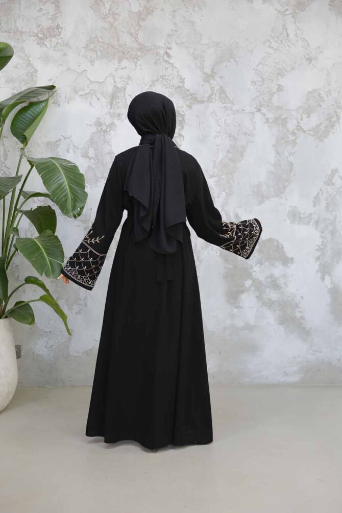Nakış Desenli Siyah Tesettür Abaya Takım 29126S - 5