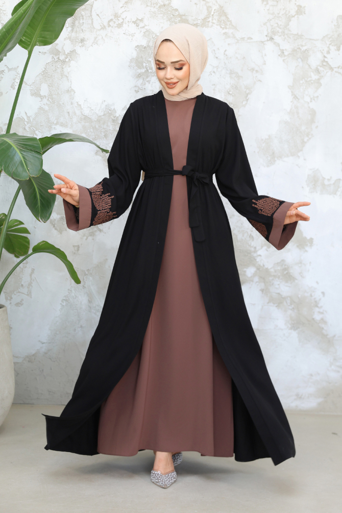 Nakış Desenli Siyah Koyu Vizon Tesettür Abaya Takım 29128SKV - 1