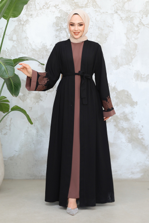 Nakış Desenli Siyah Koyu Vizon Tesettür Abaya Takım 29128SKV - 3