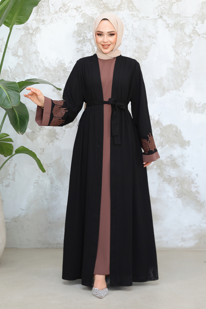 Nakış Desenli Siyah Koyu Vizon Tesettür Abaya Takım 29128SKV - 3