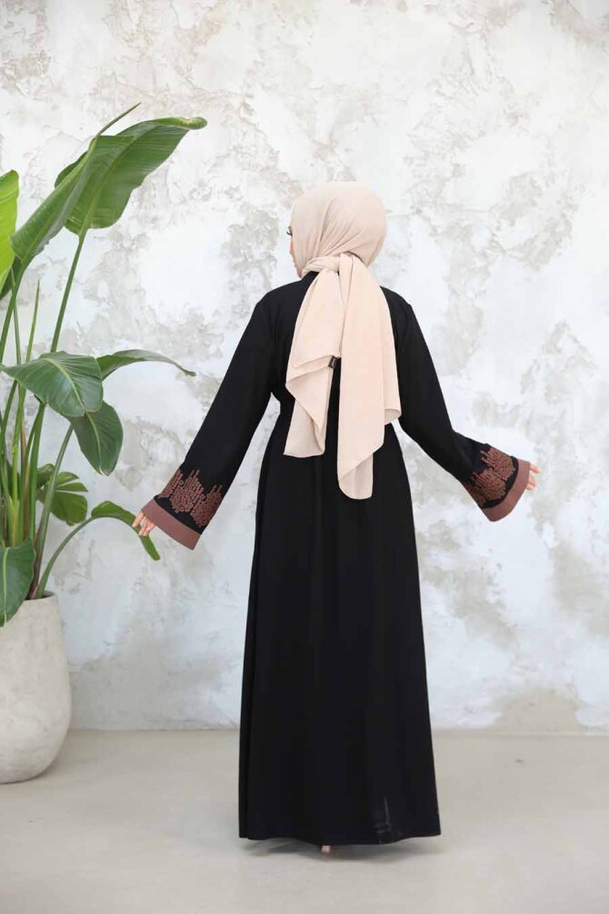 Nakış Desenli Siyah Koyu Vizon Tesettür Abaya Takım 29128SKV - 4
