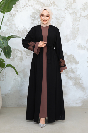 Nakış Desenli Siyah Koyu Vizon Tesettür Abaya Takım 29128SKV - 2
