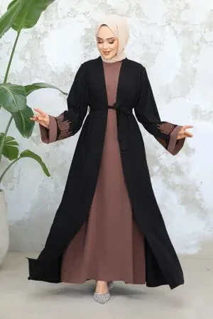 Nakış Desenli Siyah Koyu Vizon Tesettür Abaya Takım 29128SKV 