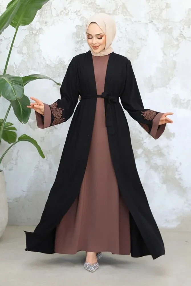 Nakış Desenli Siyah Koyu Vizon Tesettür Abaya Takım 29128SKV - 1