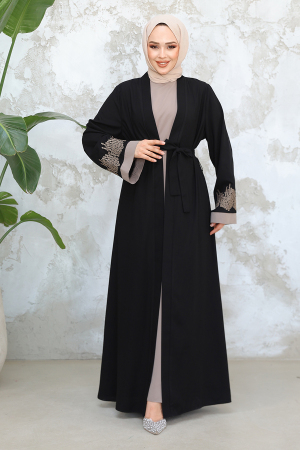 Nakış Desenli Siyah Tesettür Abaya Takım 29128S - 2