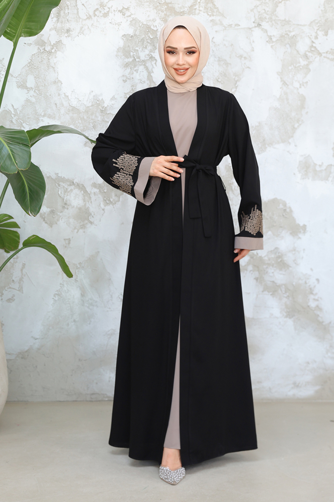 Nakış Desenli Siyah Tesettür Abaya Takım 29128S - 2