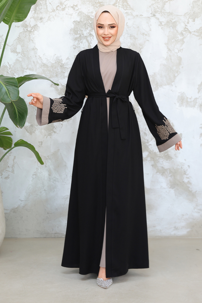 Nakış Desenli Siyah Tesettür Abaya Takım 29128S - 1