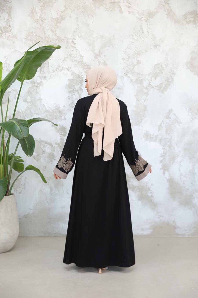 Nakış Desenli Siyah Tesettür Abaya Takım 29128S - 4