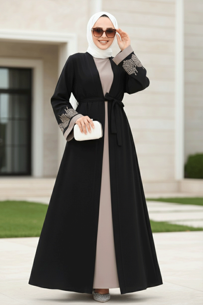 Nakış Desenli Siyah Tesettür Abaya Takım 29128S - 1