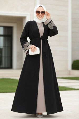Nakış Desenli Siyah Tesettür Abaya Takım 29128S 
