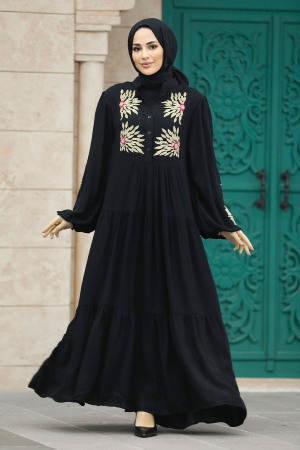 Nakış Desenli Siyah Tesettür Elbise 10148S - 2