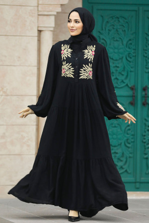 Nakış Desenli Siyah Tesettür Elbise 10148S - 3