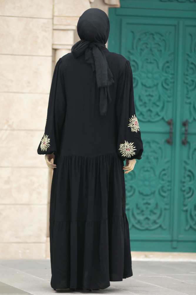 Nakış Desenli Siyah Tesettür Elbise 10148S - 4