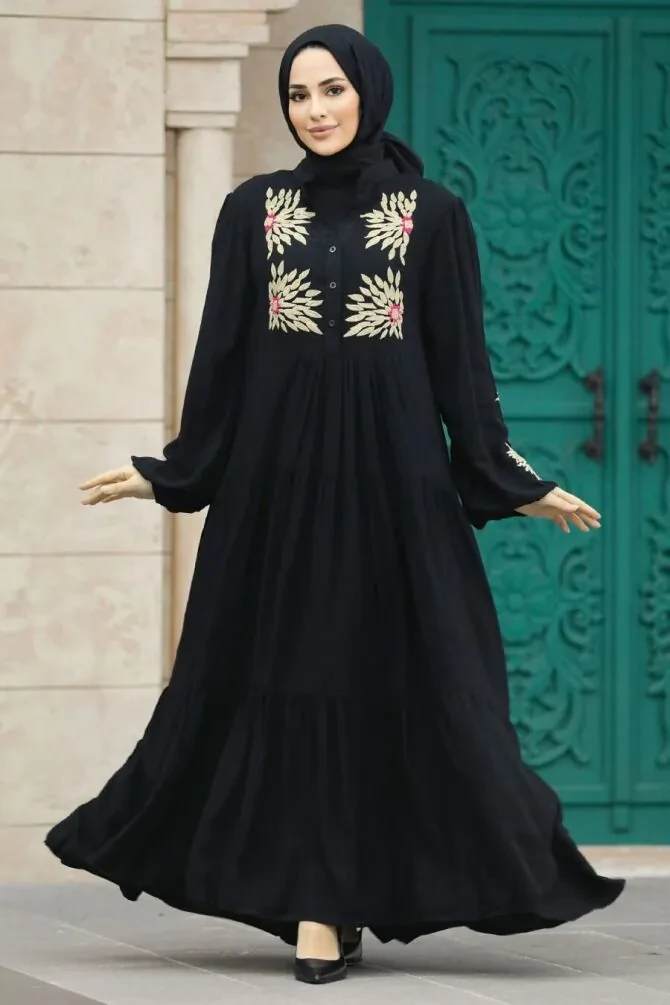 Nakış Desenli Siyah Tesettür Elbise 10148S - 1