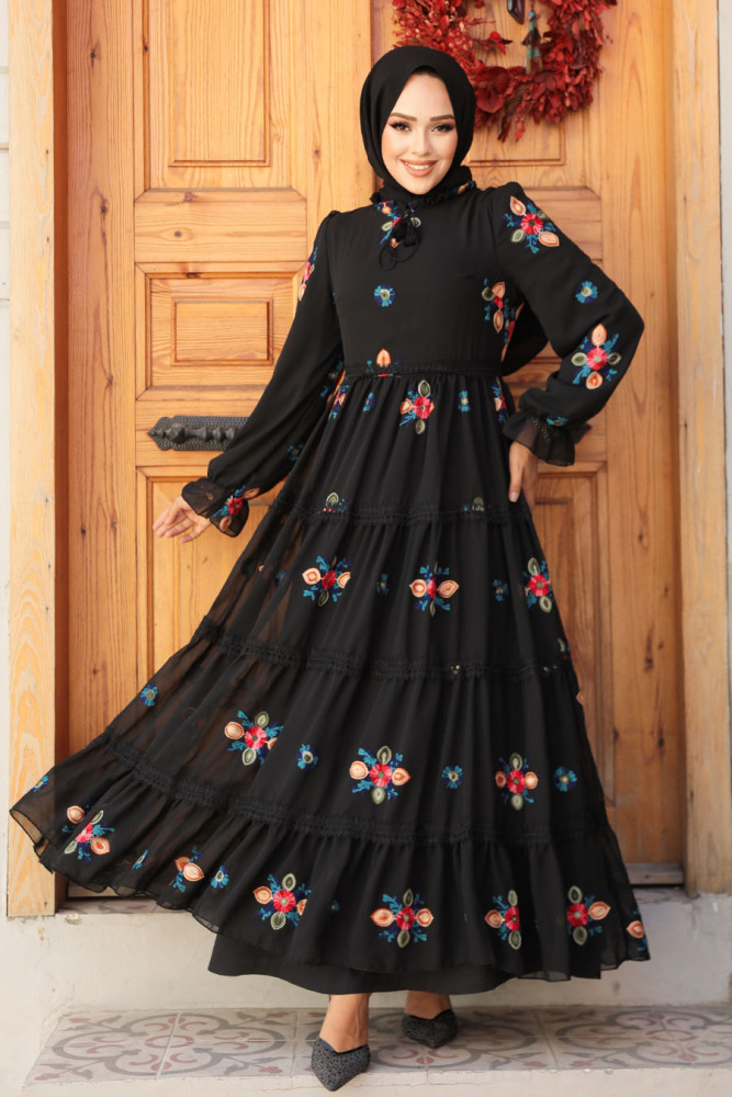 Nakış Desenli Siyah Tesettür Elbise 45541S - 2