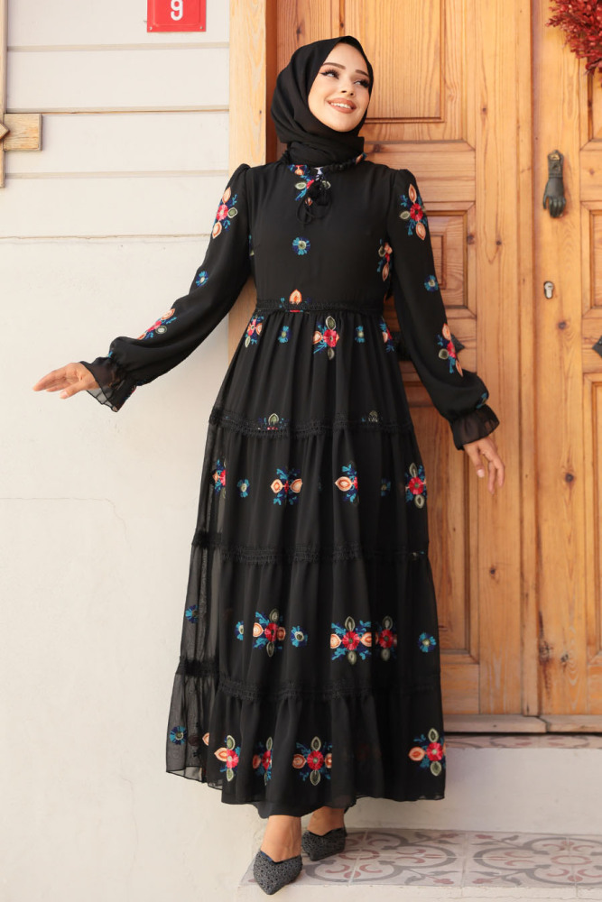 Nakış Desenli Siyah Tesettür Elbise 45541S - 3