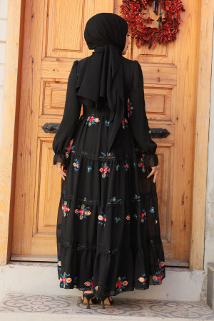 Nakış Desenli Siyah Tesettür Elbise 45541S - 4