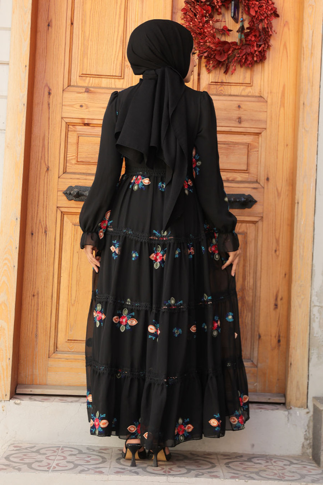 Nakış Desenli Siyah Tesettür Elbise 45541S - 4