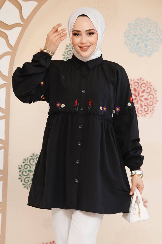 Nakış Desenli Siyah Tesettür Tunik 40603S - NEVA STYLE