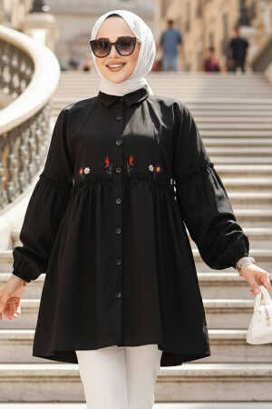 Nakış Desenli Siyah Tesettür Tunik 40603S - NEVA STYLE