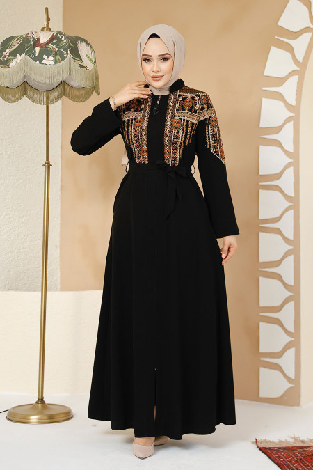 Nakış Desenli Siyah Tesettür Abaya 25301S - 3