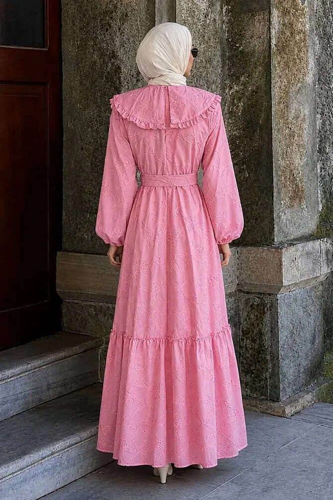 Nakış Detaylı Fular Yakalı Pembe Tesettür Elbise 26184P - 2