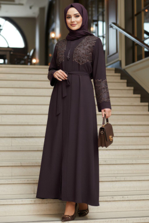 Nakış Detaylı Kemerli Füme Tesettür Abaya 29138FU - 1