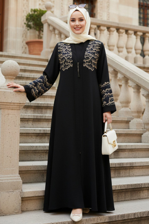 Nakış Detaylı Kemerli Lacivert Bej Tesettür Abaya 29138LBEJ 