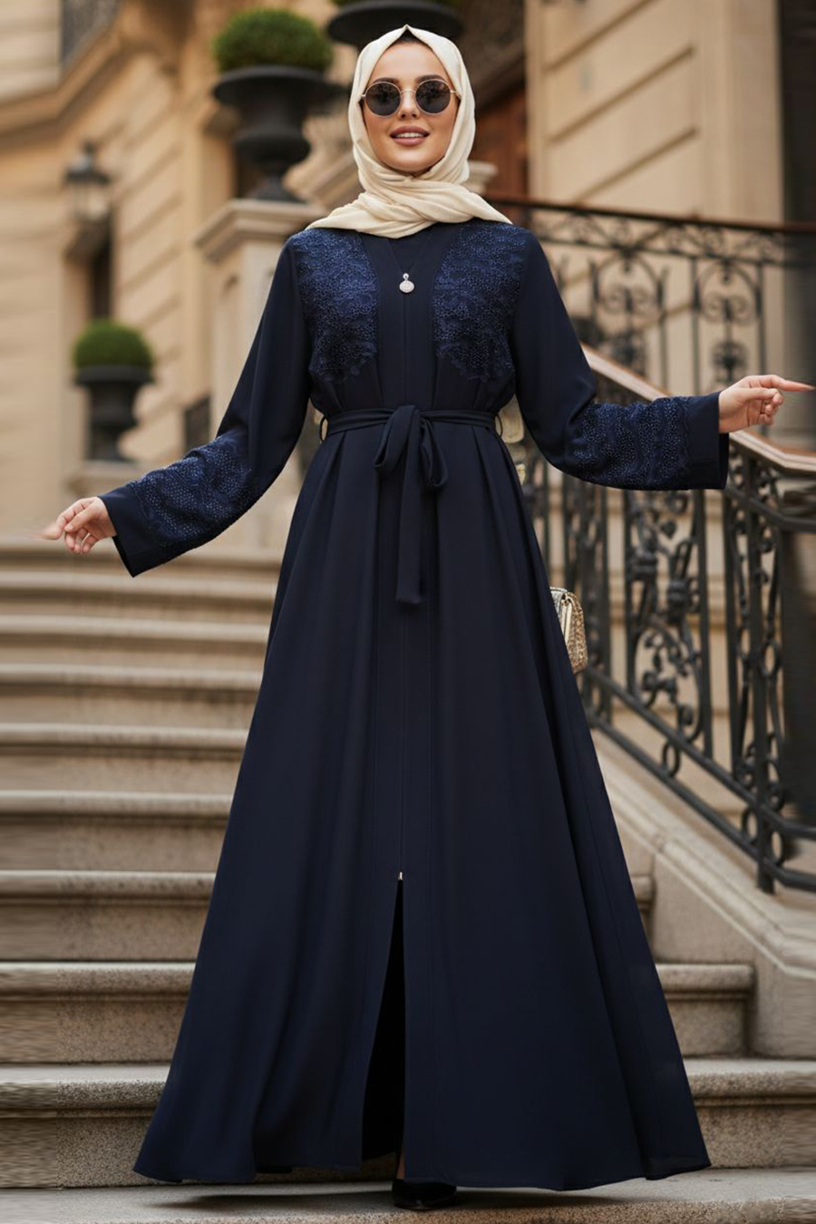 Nakış Detaylı Kemerli Lacivert Tesettür Abaya 29138L