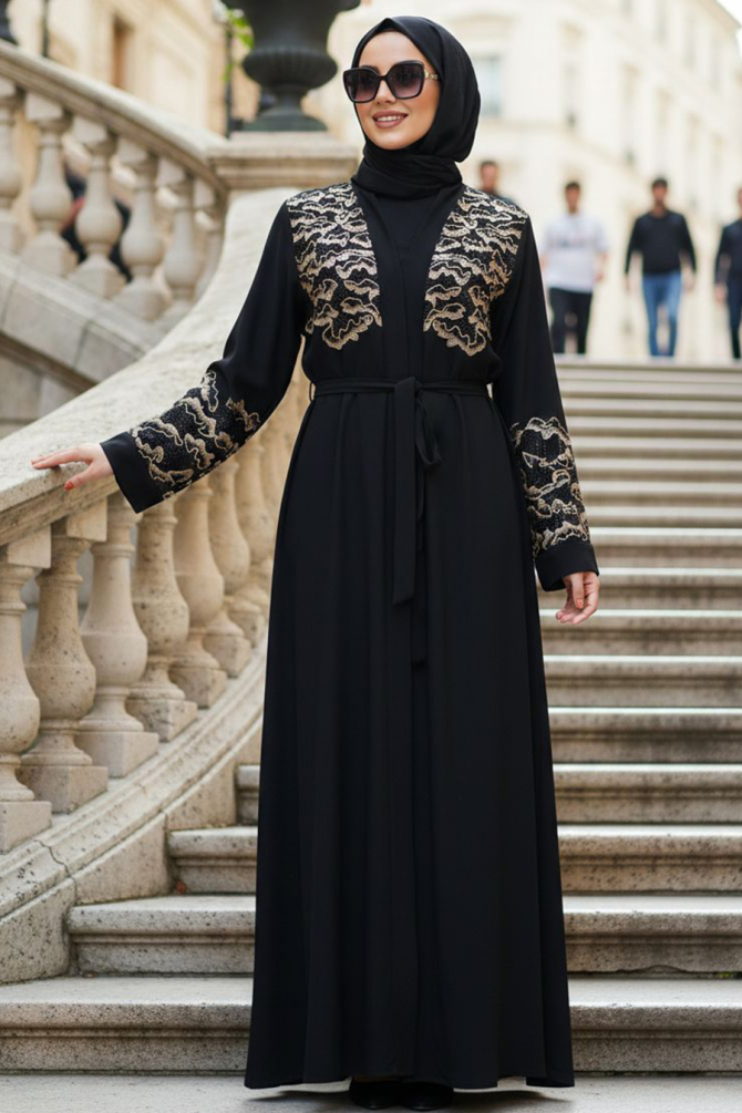 Nakış Detaylı Kemerli Siyah Bej Tesettür Abaya 29138SBEJ - 1