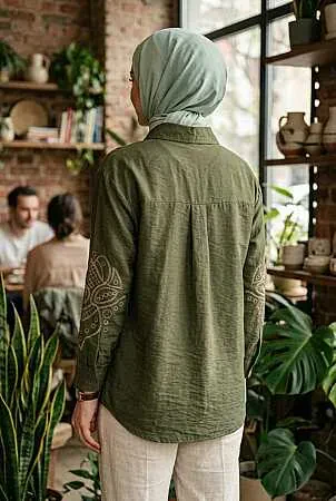 Nakış Detaylı Poplin Haki Tesettür Gömlek 15697HK - 2