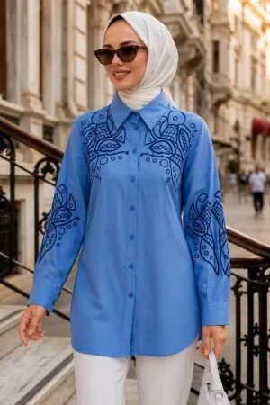 Nakış Detaylı Poplin İndigo Mavisi Tesettür Gömlek 15697IM 