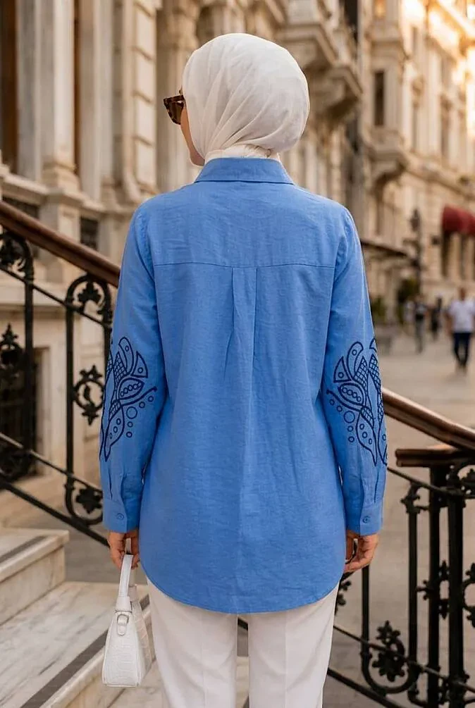 Nakış Detaylı Poplin İndigo Mavisi Tesettür Gömlek 15697IM - 2