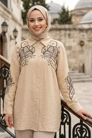 Nakış Detaylı Poplin Taş Tesettür Gömlek 15697TAS 
