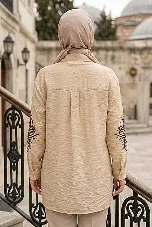 Nakış Detaylı Poplin Taş Tesettür Gömlek 15697TAS - 2