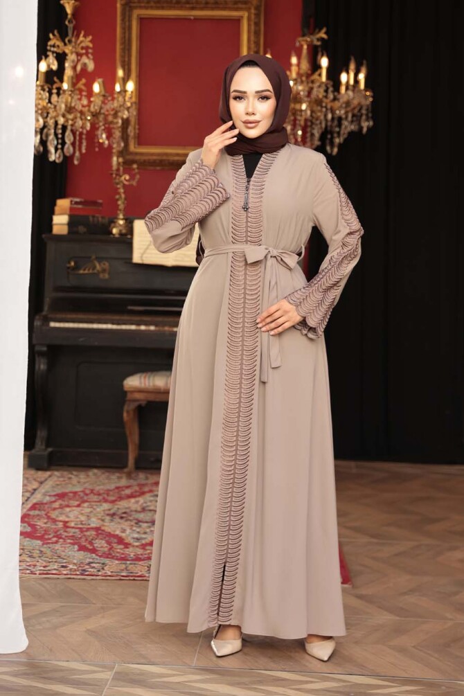 Nakış işlemeli Bej Tesettür Abaya 29114BEJ - 1