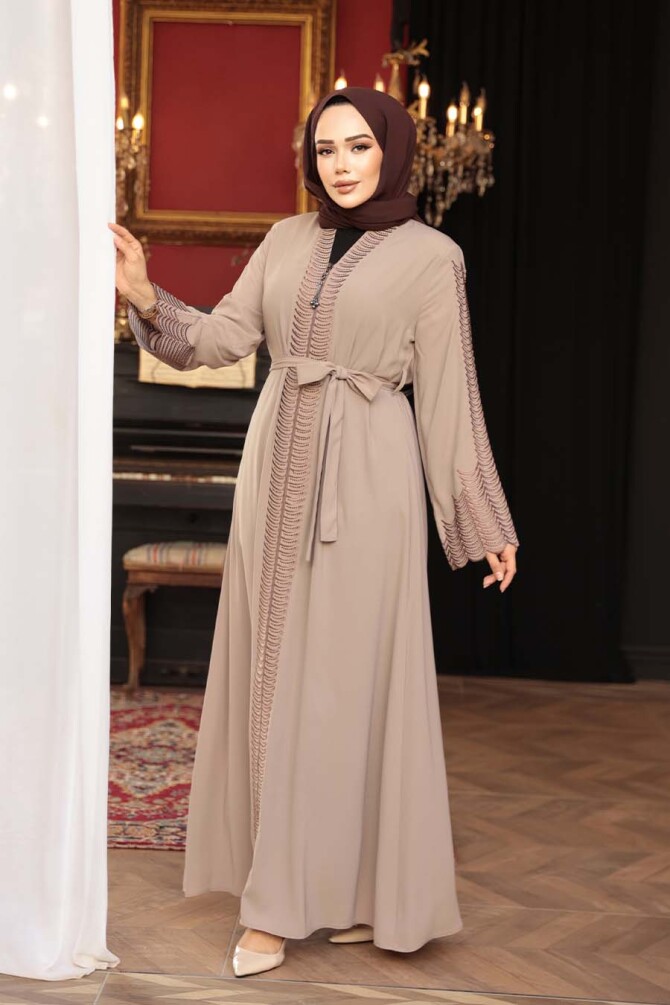 Nakış işlemeli Bej Tesettür Abaya 29114BEJ - 2
