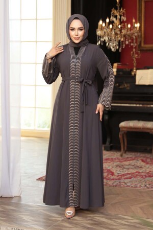 Nakış işlemeli Füme Tesettür Abaya 29114FU - 2