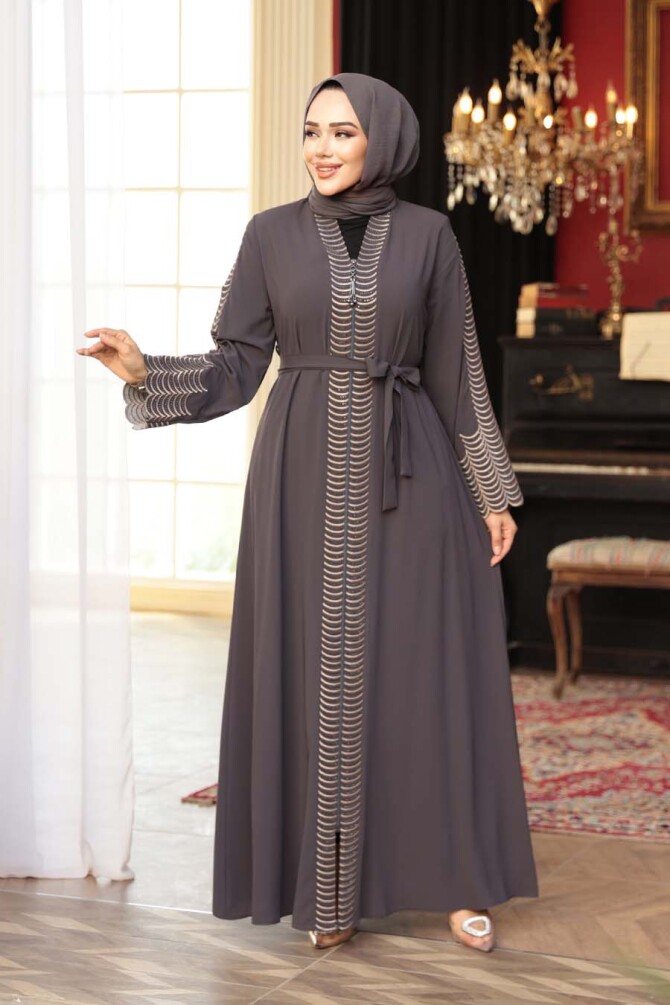 Nakış işlemeli Füme Tesettür Abaya 29114FU - 1