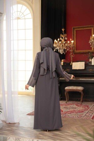 Nakış işlemeli Füme Tesettür Abaya 29114FU - 3