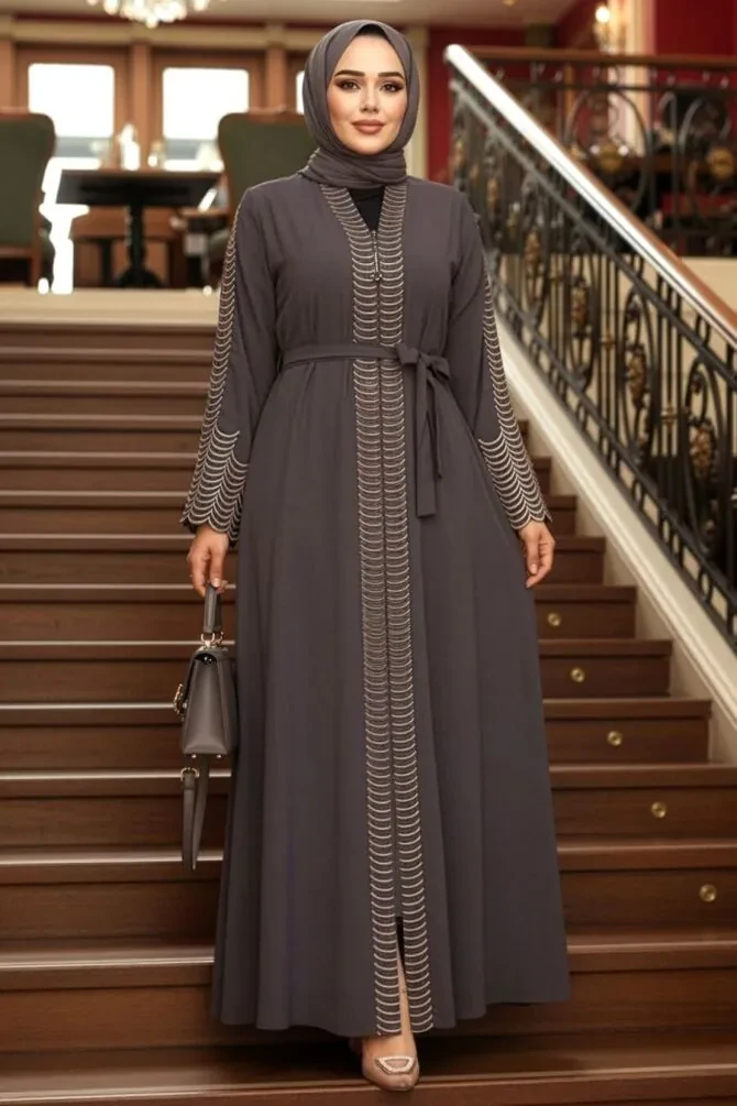 Nakış işlemeli Füme Tesettür Abaya 29114FU - 1
